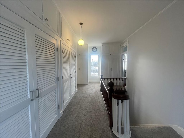 803 W Main St, Clarksville, AR 72830 - hallway with an upstairs landing, carpet floors, baseboards, and ornamental molding