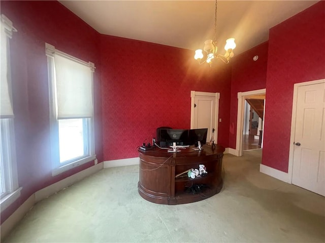 803 W Main St, Clarksville, AR 72830 - office area with light colored carpet, a chandelier, baseboards, and vaulted ceiling