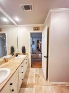 bathroom featuring double vanity, visible vents, a sink, and crown molding