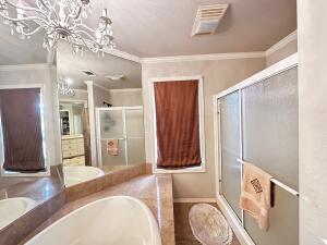 bathroom featuring visible vents, a chandelier, crown molding, double vanity, and a stall shower