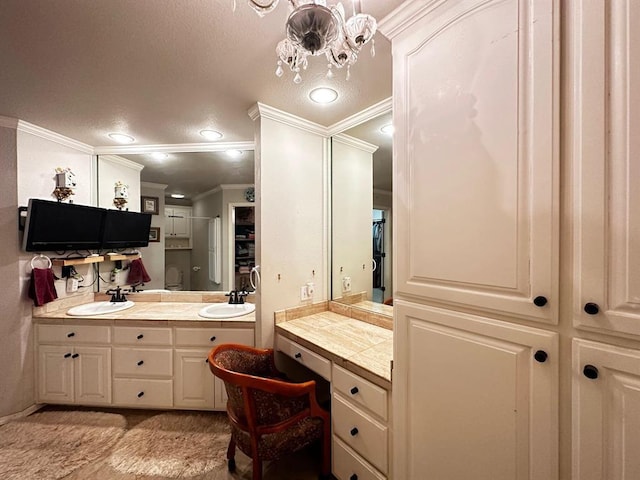 5121 E State Highway 22, Paris, AR 72855 - bathroom with ornamental molding, double vanity, a chandelier, and recessed lighting
