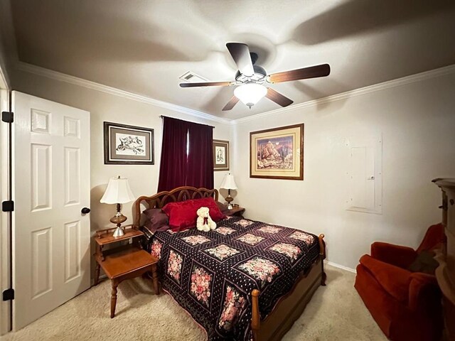 5121 E State Highway 22, Paris, AR 72855 - bedroom featuring light carpet, ornamental molding, and ceiling fan