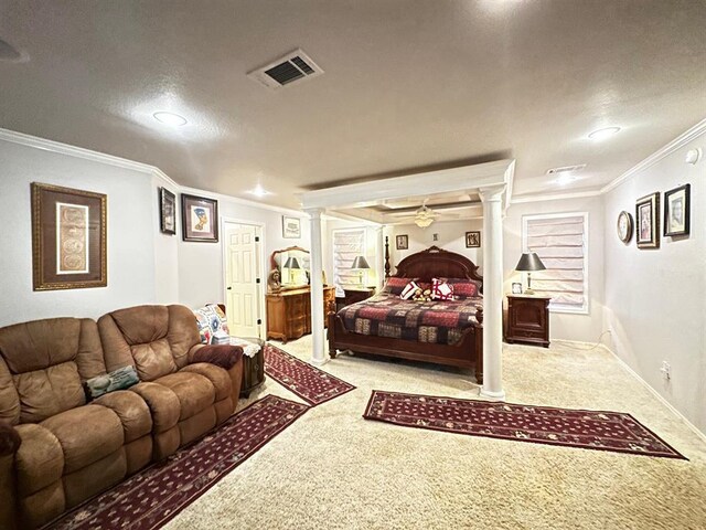 5121 E State Highway 22, Paris, AR 72855 - bedroom featuring carpet, crown molding, ornate columns, recessed lighting, and a textured ceiling