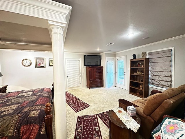 5121 E State Highway 22, Paris, AR 72855 - carpeted bedroom with ornamental molding, access to exterior, and decorative columns