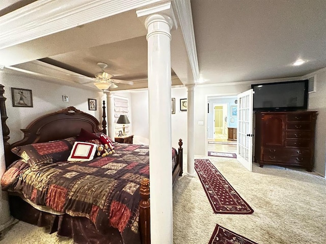 5121 E State Highway 22, Paris, AR 72855 - carpeted bedroom with decorative columns, ornamental molding, ensuite bath, and a ceiling fan