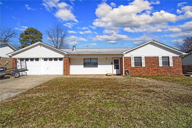 ranch-style home with brick siding, a front yard, an attached garage, and driveway