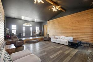 15515 Ar-105, Hector, AR 72843 - living area featuring ceiling fan, vaulted ceiling with beams, and wood finished floors