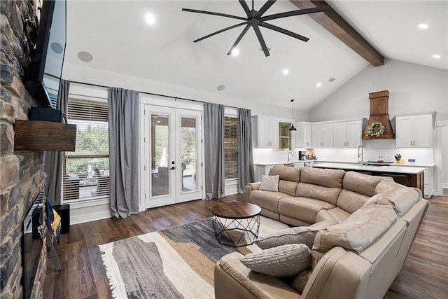 251 Kordsmeier Ln, Morrilton, AR 72110 - living area with ceiling fan, french doors, beam ceiling, high vaulted ceiling, and dark wood-type flooring