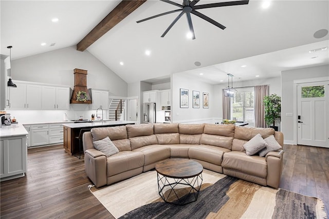 251 Kordsmeier Ln, Morrilton, AR 72110 - living room with high vaulted ceiling, ceiling fan, beam ceiling, dark wood-style floors, and recessed lighting