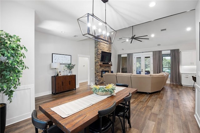 251 Kordsmeier Ln, Morrilton, AR 72110 - dining room featuring a fireplace, recessed lighting, dark wood finished floors, a chandelier, and ceiling fan