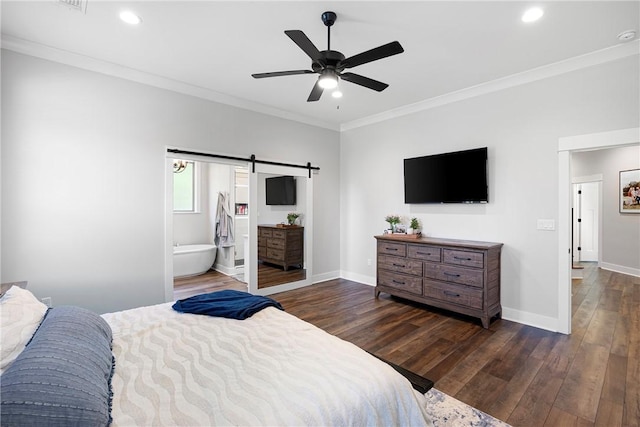 251 Kordsmeier Ln, Morrilton, AR 72110 - bedroom with a barn door, ornamental molding, dark wood-style flooring, recessed lighting, and baseboards