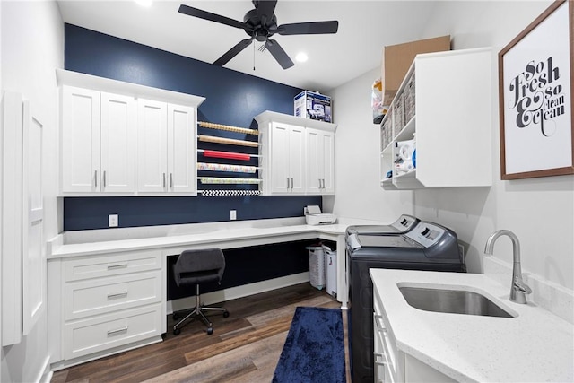251 Kordsmeier Ln, Morrilton, AR 72110 - washroom with washing machine and clothes dryer, cabinet space, dark wood-style flooring, a ceiling fan, and recessed lighting