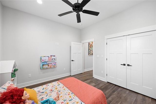 251 Kordsmeier Ln, Morrilton, AR 72110 - bedroom with baseboards, wood finished floors, recessed lighting, ceiling fan, and a closet