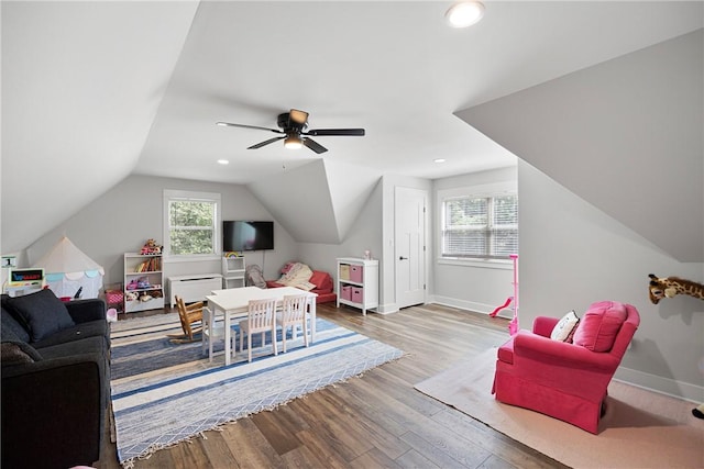 251 Kordsmeier Ln, Morrilton, AR 72110 - living area with wood finished floors, vaulted ceiling, baseboards, recessed lighting, and a ceiling fan