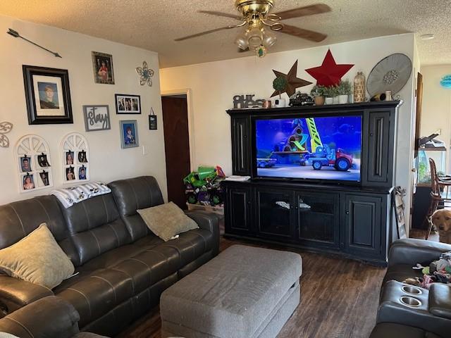 409 NW 8th St, Atkins, AR 72823 - living room featuring a textured ceiling, dark wood-type flooring, and ceiling fan