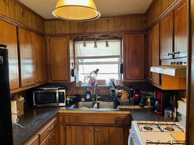 409 NW 8th St, Atkins, AR 72823 - kitchen featuring stainless steel microwave, a sink, white range with gas cooktop, a textured ceiling, and under cabinet range hood