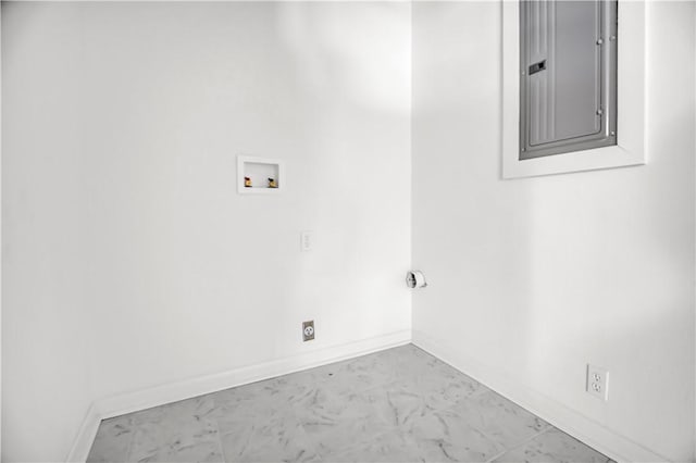 922 Scenic Dr, Perryville, AR 72126 - laundry area featuring electric panel, hookup for a washing machine, marble look tile flooring, and baseboards