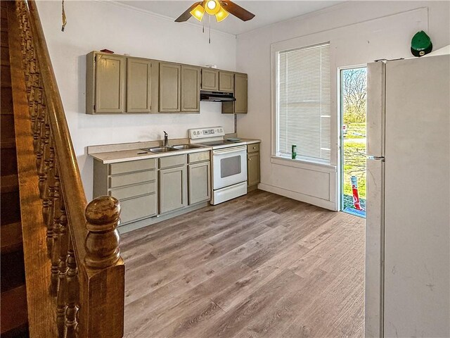 206 Arkansas St, Danville, AR 72833 - kitchen with white appliances, under cabinet range hood, ceiling fan, a sink, and light wood-style flooring