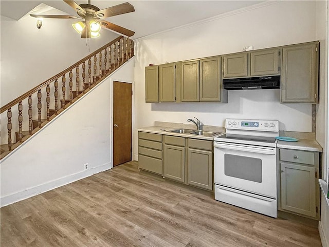 206 Arkansas St, Danville, AR 72833 - kitchen featuring white range with electric cooktop, under cabinet range hood, a sink, ceiling fan, and light wood-style floors