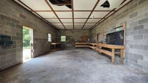 garage with concrete block wall and a garage door opener