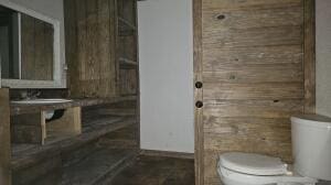 bathroom with wooden walls and toilet