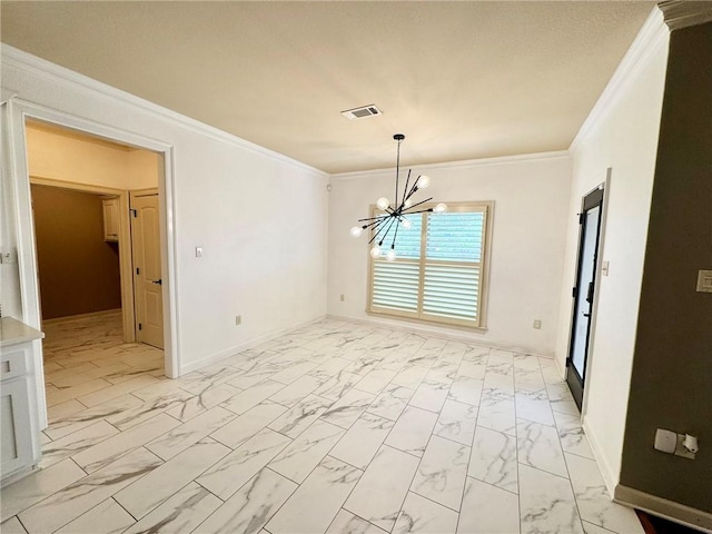 335 Point W, Conway, AR 72034 - unfurnished dining area with marble finish floor, an inviting chandelier, visible vents, crown molding, and baseboards