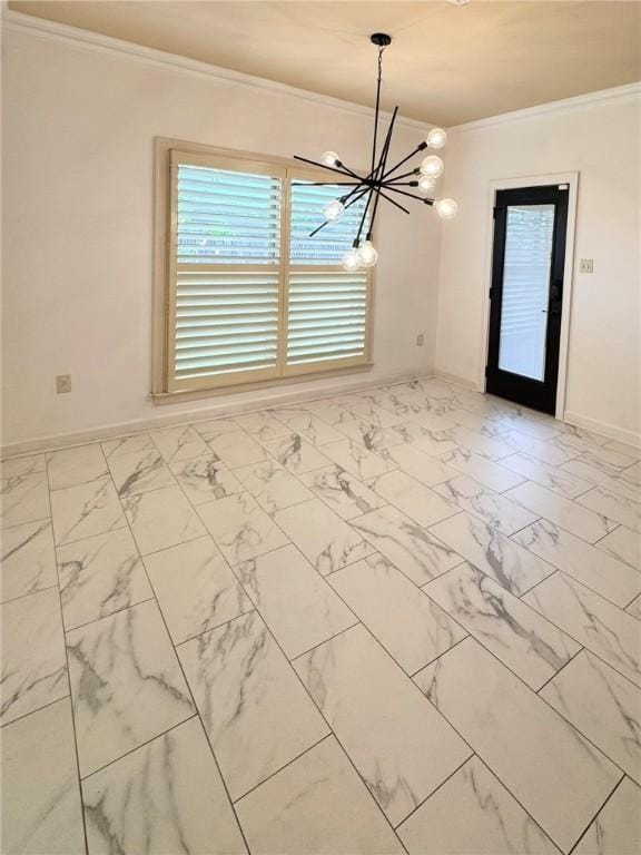 335 Point W, Conway, AR 72034 - spare room with marble finish floor, a chandelier, crown molding, and baseboards