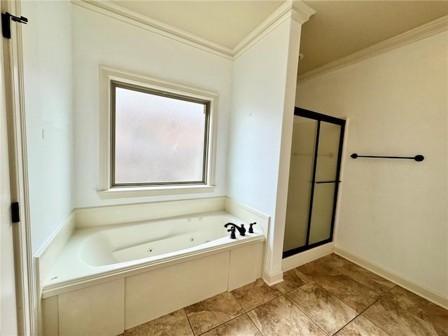 335 Point W, Conway, AR 72034 - bathroom featuring crown molding, a whirlpool tub, and a stall shower