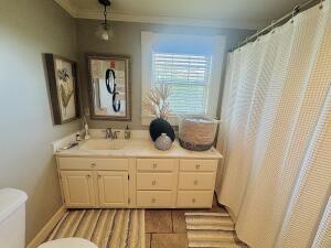 2816 Honeysuckle Ln, Russellville, AR 72801 - bathroom with toilet, vanity, and ornamental molding
