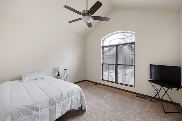 279 Eagle Cove Rd, Lamar, AR 72846 - carpeted bedroom with baseboards, high vaulted ceiling, and ceiling fan