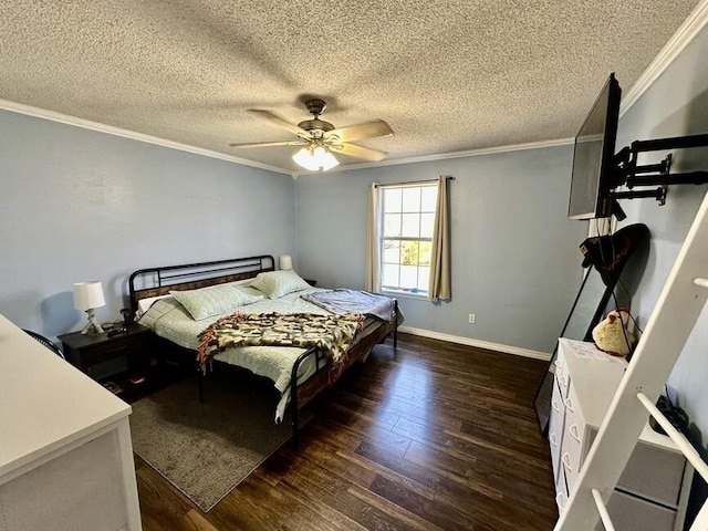 6011 River Rd, Pottsville, AR 72858 - bedroom with crown molding, wood-type flooring, a textured ceiling, a ceiling fan, and baseboards