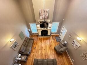 28 Angelfish Ct, Russellville, AR 72802 - unfurnished living room featuring wood finished floors, a fireplace, and plenty of natural light