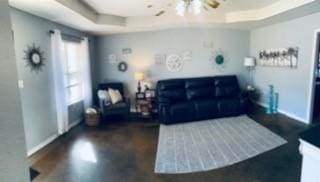 130 Willow Creek Dr, Dardanelle, AR 72834 - living area with a tray ceiling, dark wood finished floors, and baseboards