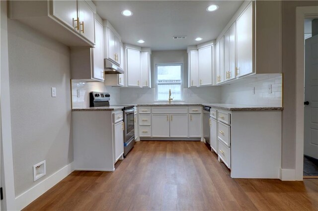 402 NE 4th Ave, Gravette, AR 72736 - kitchen with stainless steel appliances, under cabinet range hood, a sink, wood finished floors, and recessed lighting