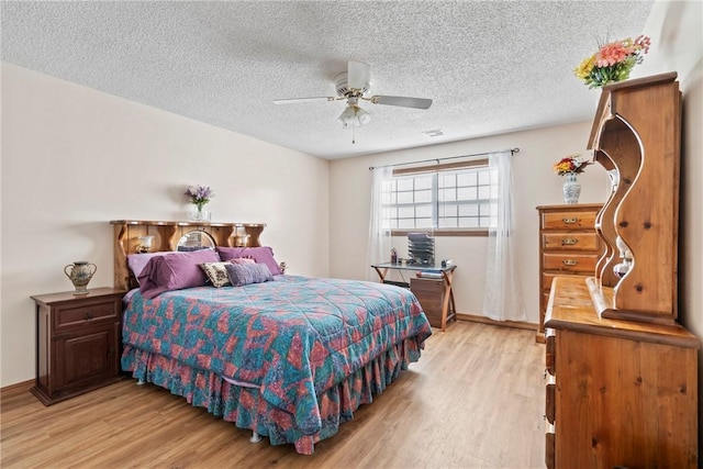 22965 Davis Valley Rd, Gentry, AR 72734 - bedroom featuring baseboards, a textured ceiling, light wood-style flooring, and ceiling fan