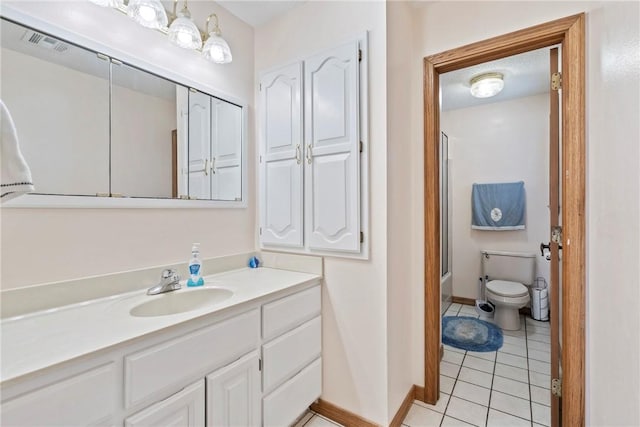 22965 Davis Valley Rd, Gentry, AR 72734 - bathroom with tile patterned floors, toilet, vanity, visible vents, and shower / bath combination with glass door