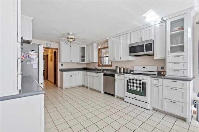 22965 Davis Valley Rd, Gentry, AR 72734 - kitchen featuring white cabinetry, stainless steel appliances, a sink, a ceiling fan, and glass insert cabinets
