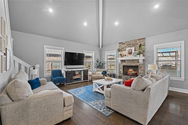 4204 SW Wheatgrass Blvd, Bentonville, AR 72713 - living area featuring a large fireplace, dark wood-type flooring, baseboards, and recessed lighting