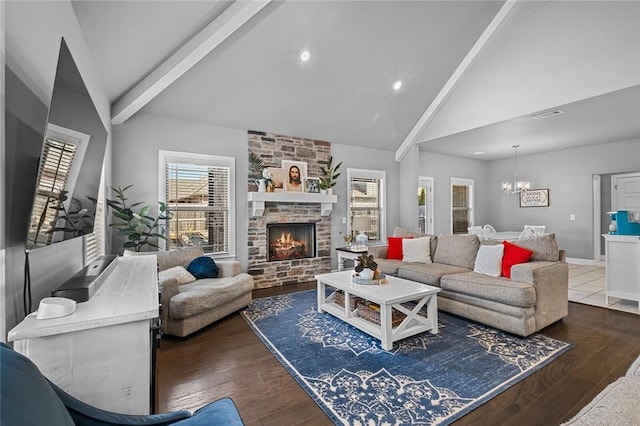 4204 SW Wheatgrass Blvd, Bentonville, AR 72713 - living room with high vaulted ceiling, a chandelier, a fireplace, dark wood-style flooring, and recessed lighting