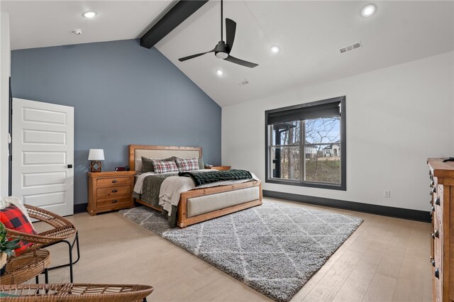 1904 NE Frost Dr, Bentonville, AR 72712 - bedroom featuring recessed lighting, baseboards, beam ceiling, visible vents, and light wood-style flooring