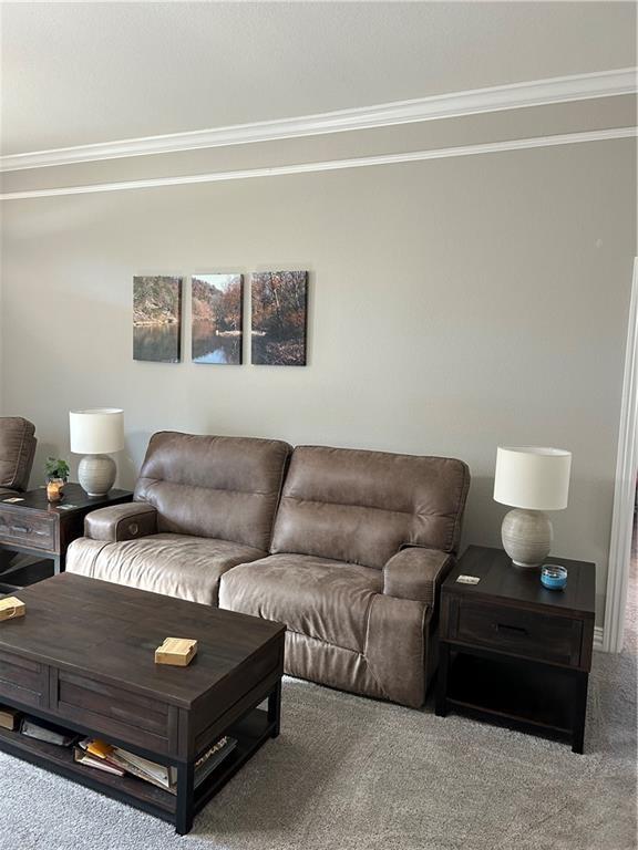 living area featuring ornamental molding and carpet