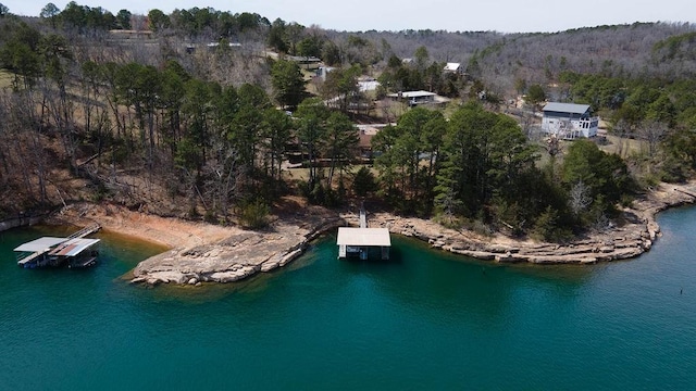 aerial view featuring a water view and a forest view