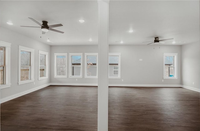 9 Beaty Ln, Bella Vista, AR 72715 - unfurnished living room with baseboards, a ceiling fan, and dark wood finished floors