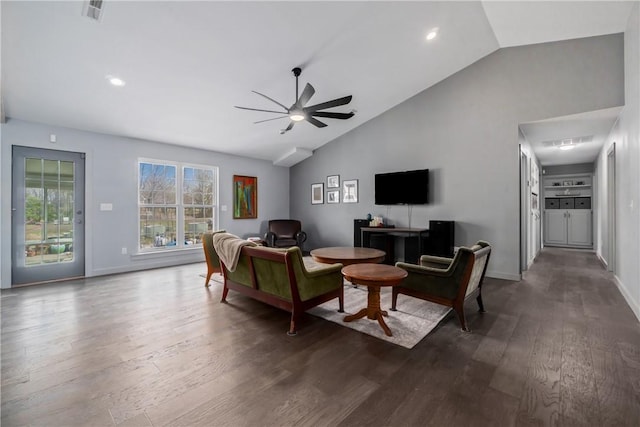 11300 Spring Mountain Dr, Farmington, AR 72730 - living area with lofted ceiling, baseboards, dark wood-style floors, visible vents, and ceiling fan