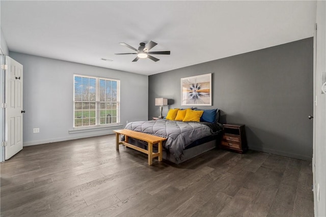 11300 Spring Mountain Dr, Farmington, AR 72730 - bedroom featuring a ceiling fan, visible vents, baseboards, and dark wood finished floors