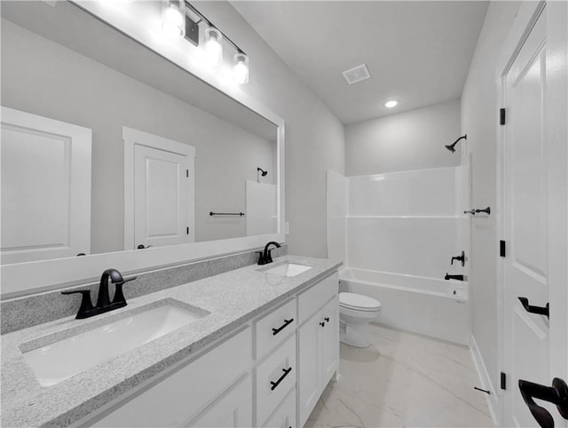 6 Osborne Ln, Bella Vista, AR 72715 - full bath with double vanity, marble finish flooring, toilet,  shower combination, and recessed lighting