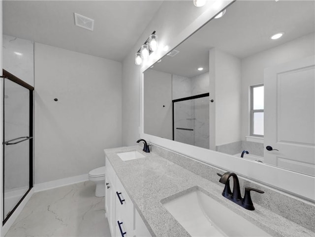 6 Osborne Ln, Bella Vista, AR 72715 - bathroom featuring a marble finish shower, toilet, marble finish floors, double vanity, and baseboards