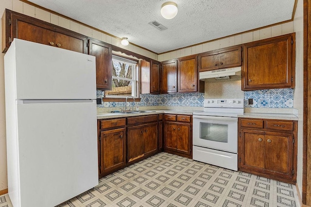 5694/925668/665644/42 W Michael Cole Dr, Fayetteville, AR 72704 - kitchen with light countertops, a sink, under cabinet range hood, white appliances, and visible vents