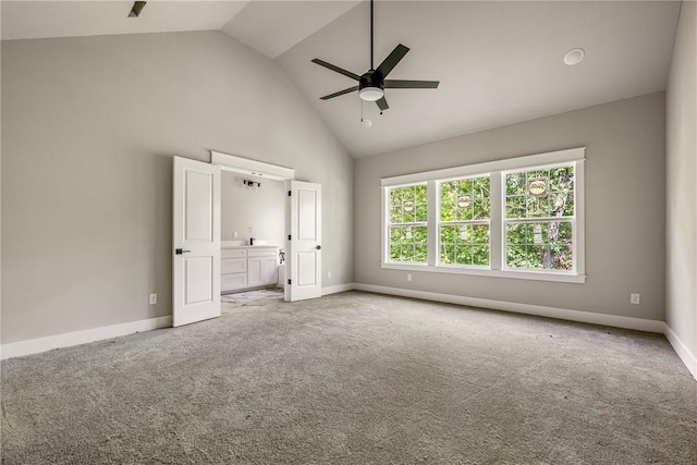 7 Boreray Ln, Bella Vista, AR 72715 - unfurnished bedroom with high vaulted ceiling, carpet, baseboards, and a ceiling fan