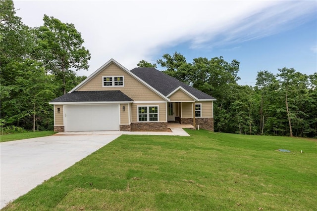 7 Boreray Ln, Bella Vista, AR 72715 - craftsman-style house with concrete driveway, a garage, stone siding, a front lawn, and a shingled roof
